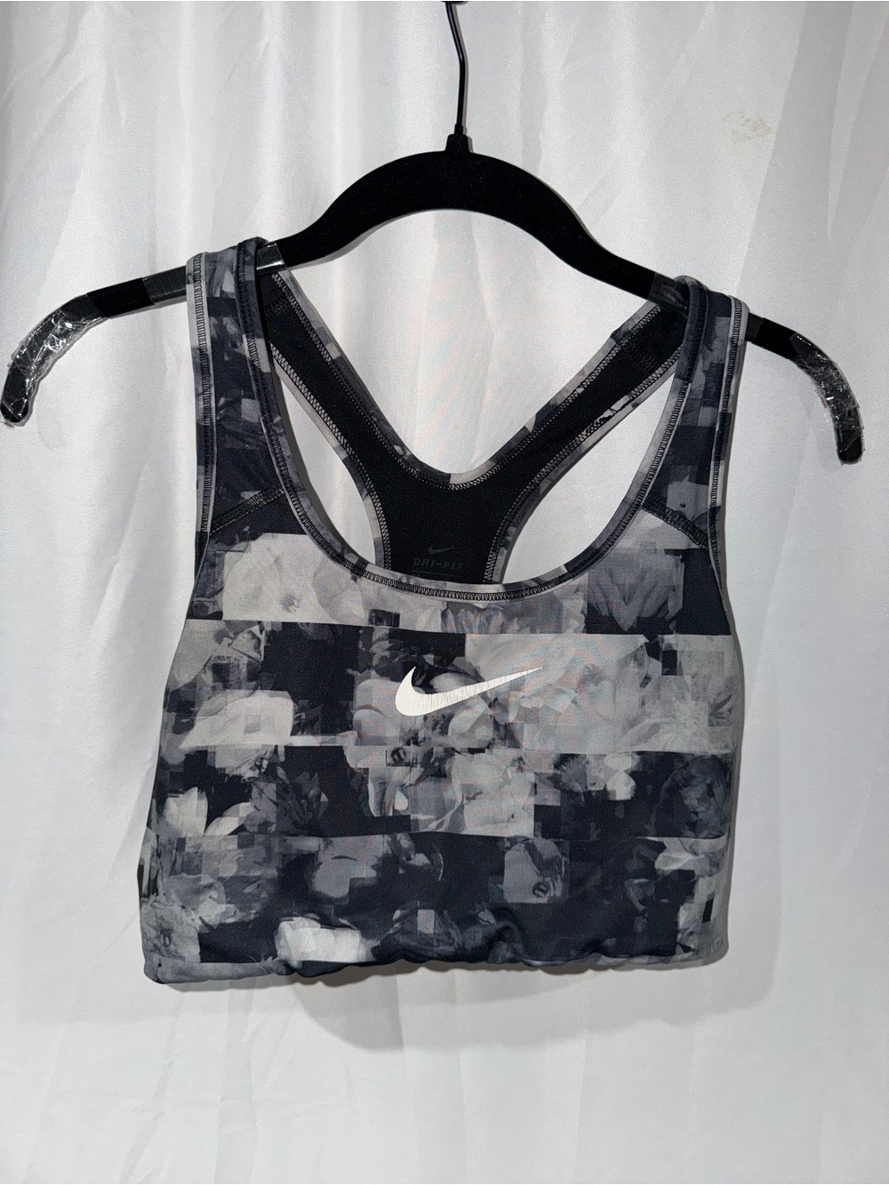 Nike Sports Bra Black Gray Floral-Print Geometric Dri-FIT Racerback Sports Bra L